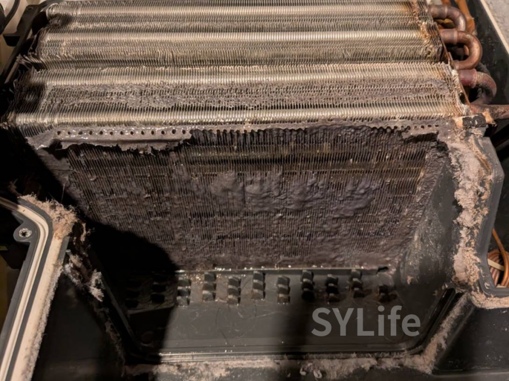 東京都中央区で行ったパナソニック製ドラム式洗濯機のヒートポンプ部分の洗浄前の様子。