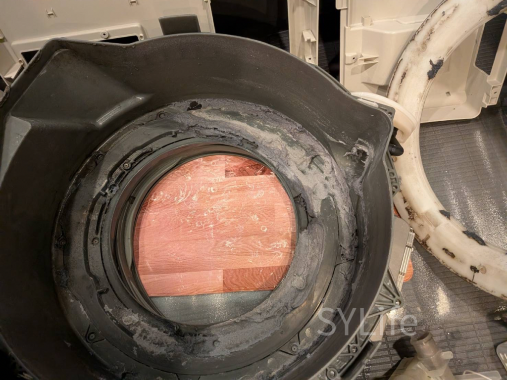 東京都中央区で行ったパナソニック製ドラム式洗濯機の内部の洗浄前の分解した様子。