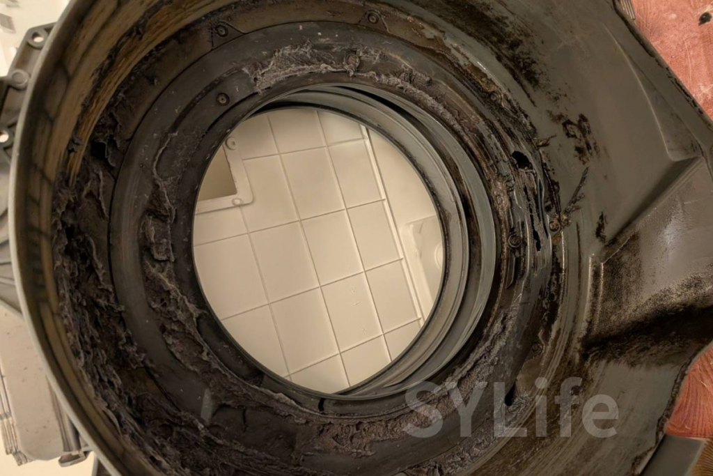 東京都練馬区で施工したパナソニックNA-VX9500Rのドラム式洗濯機。洗濯後パッキンに汚水がたまり、生乾き臭の原因となっていた内部の状態。