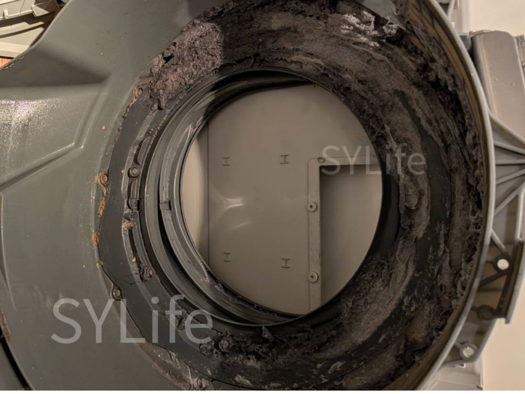 パナソニック製ドラム式洗濯機の内部洗浄前のホコリ詰まりの写真。