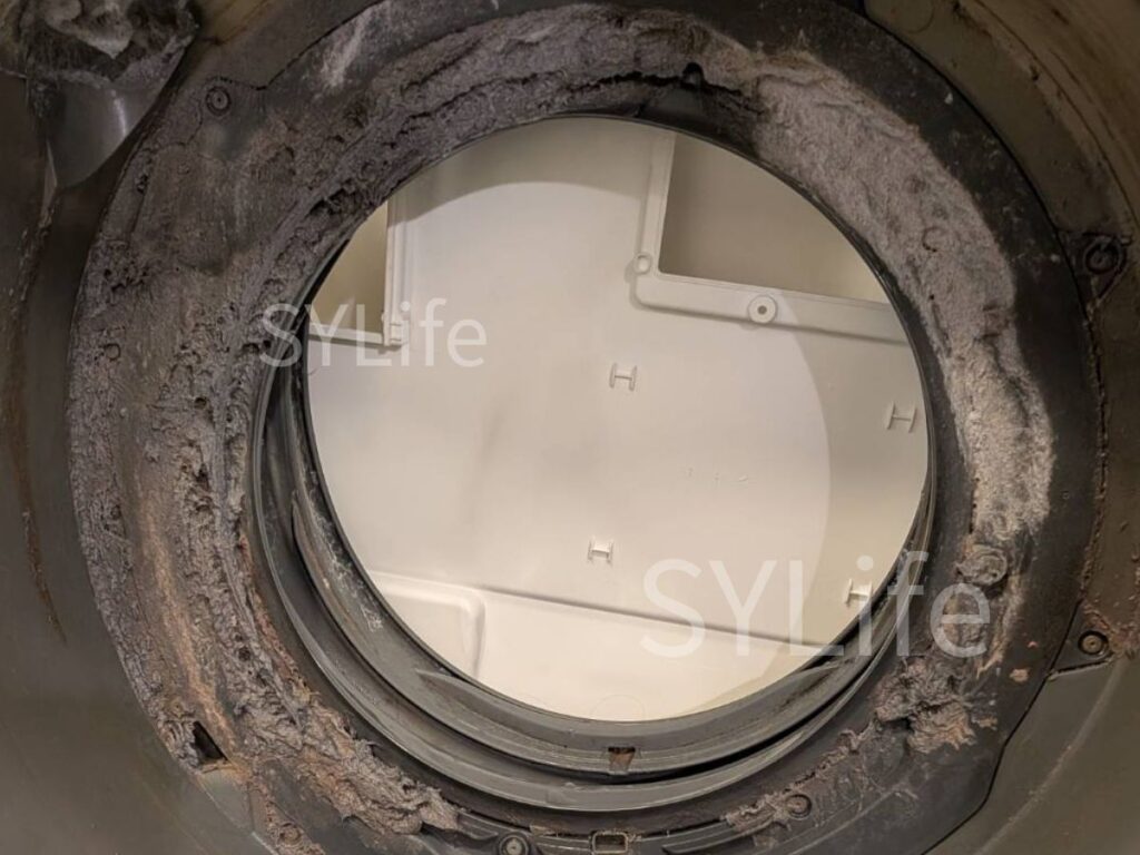 パナソニック製ドラム式洗濯機の内部洗浄前状況。