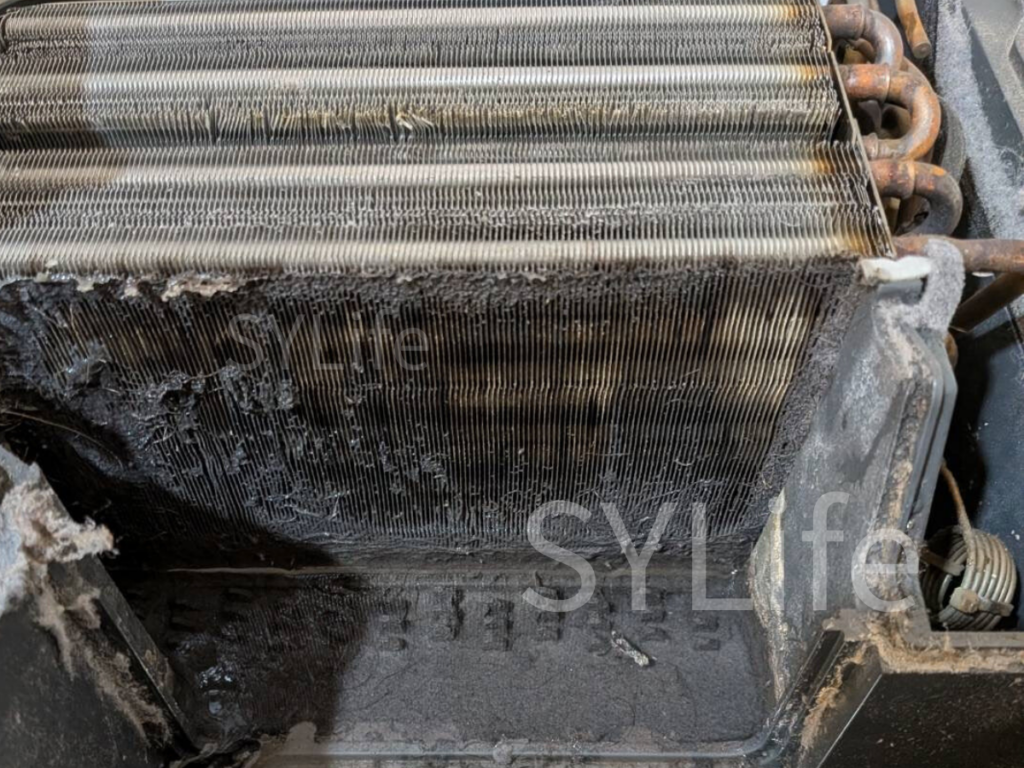 パナソニックヒートポンプの洗浄前となります。