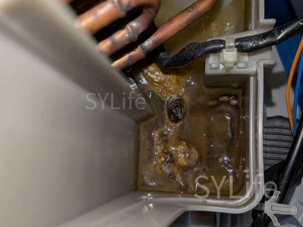 東芝製ドラム式洗濯機のヒートポンプ部分で排水する部分がヘドロで詰まってしまっています。