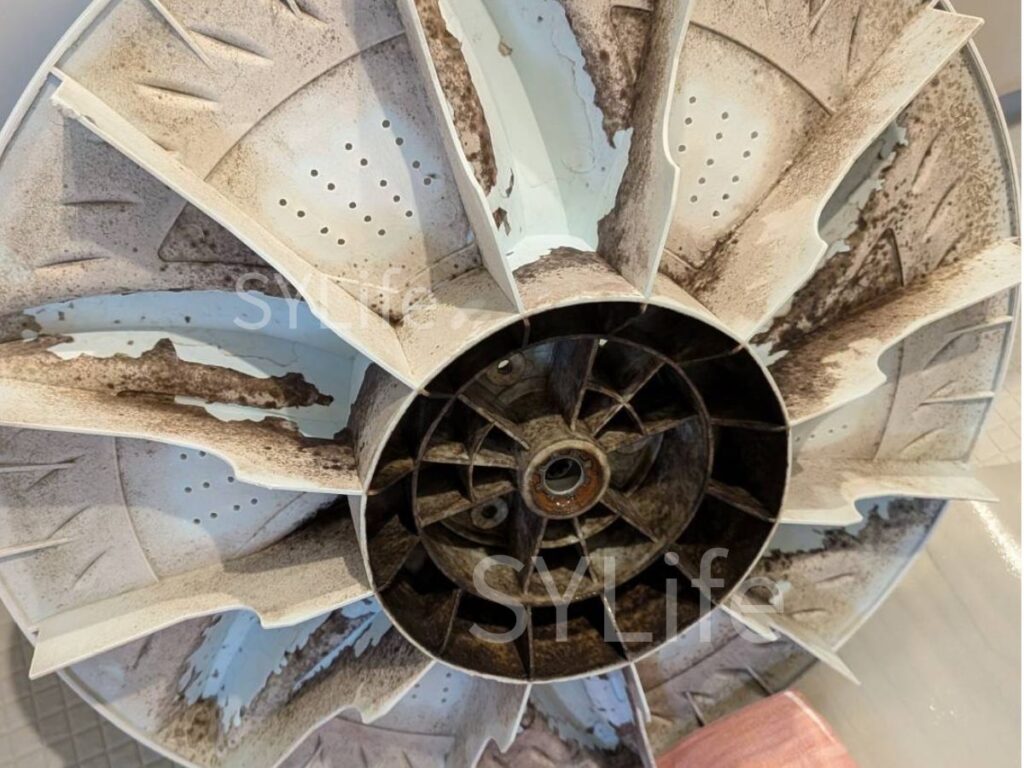 東芝製縦型洗濯機のパルセーター洗浄前の写真。