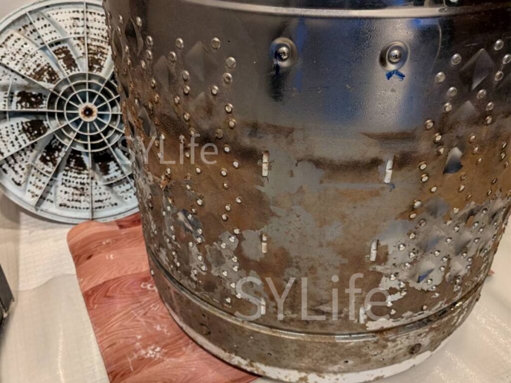 東芝製縦型洗濯機AW-12D9(W)のパルセーターと洗濯槽の洗浄前の写真。