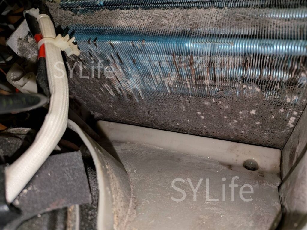 港区｜東芝 TW-127XP1｜ドラム式洗濯機クリーニング｜乾燥不良の原因｜ヒートポンプに付着したホコリと猫の毛（作業前）