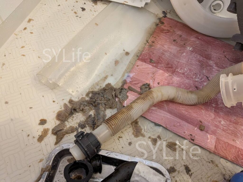 草加市 ドラム式洗濯機クリーニング パナソニック NA-VX800BL 分解作業 排水経路から出たヘドロ汚れ(洗浄前)