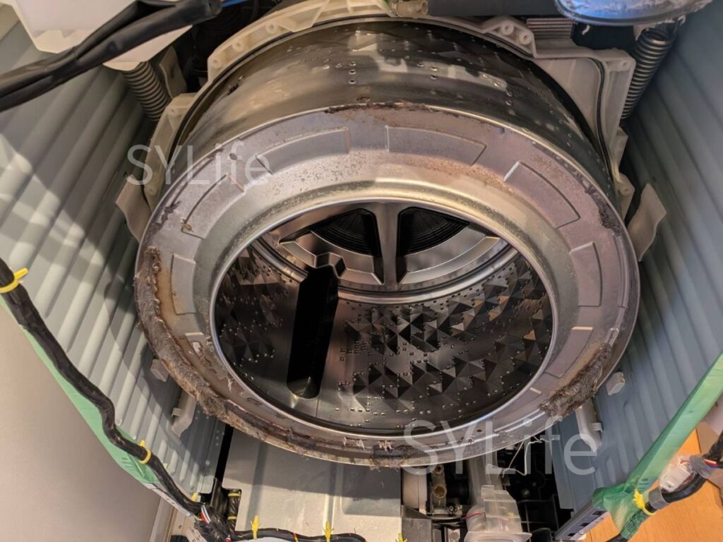 草加市 ドラム式洗濯機クリーニング パナソニック NA-VX800BL 分解作業 洗濯槽（洗浄前）