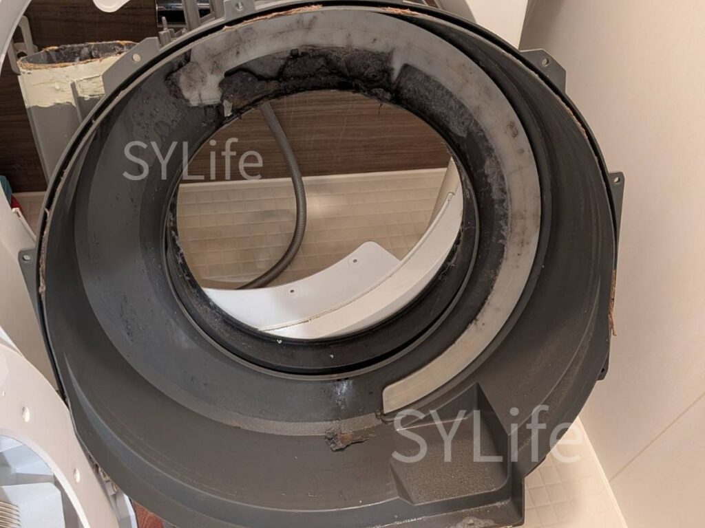 品川区東芝ドラム式洗濯機クリーニングTW-127XP1脱水受けカバー内部汚れ