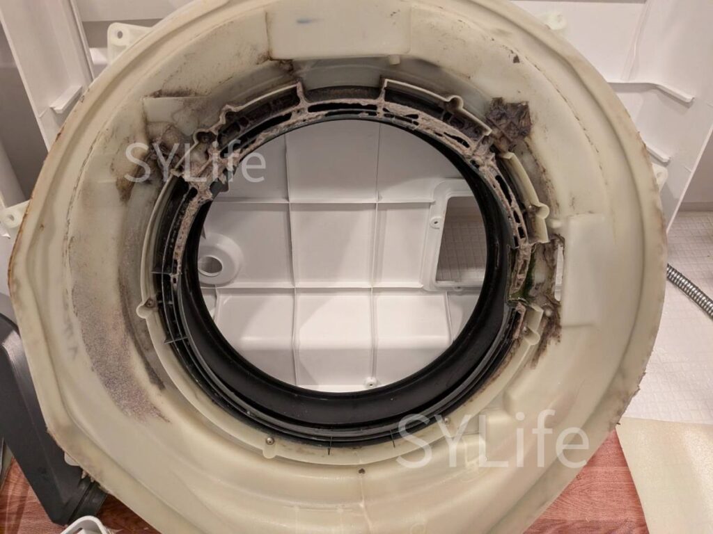 中央区月島シャープドラム式洗濯機ES-W112内部脱水受けカバー洗浄前