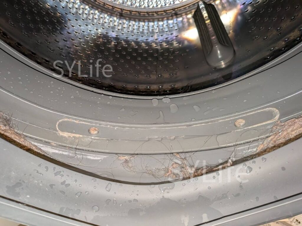 中央区ドラム式洗濯機クリーニング東芝TW-127X9BKLパッキンから内部への排水詰まりで水たまり