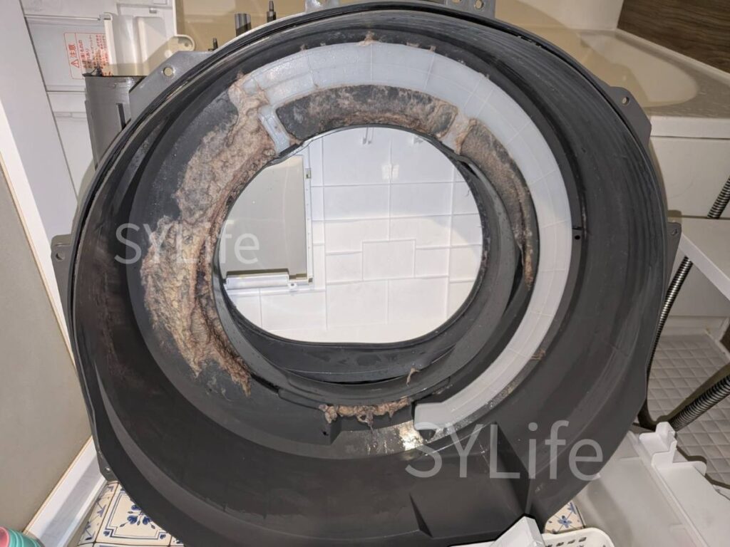 中央区ドラム式洗濯機クリーニング東芝TW-127X9BKL脱水受けカバーホコリ詰まり